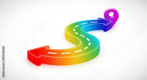 Rainbow colored road with dashed line and arrow direction on white background symbolizing journey path or decision making