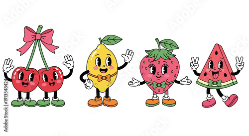 A playful illustration of anthropomorphic fruits with smiling faces and waving hands, depicted in a lively and colorful scene.