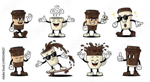Cartoon coffee cups showcasing various emotions and actions in a playful and animated style.