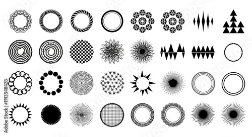 Collection of diverse circular and geometric shapes in black and white, showcasing various patterns and designs