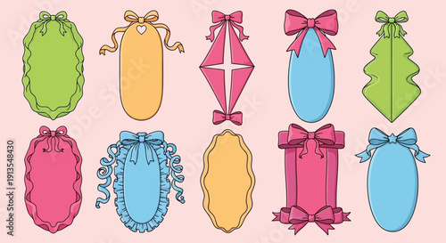 Collection of colorful, decorated gift tags and labels arranged neatly on a soft pink background
