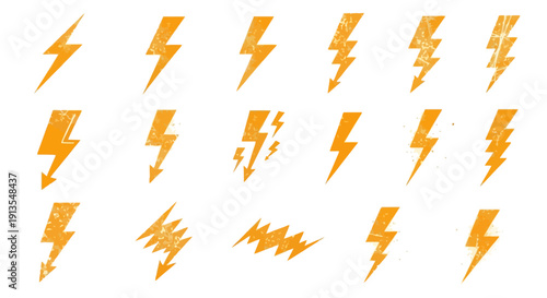 Collection of abstract orange lightning bolts on a plain background viewed from directly above
