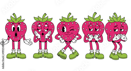 Cartoon strawberry characters expressing various emotions and poses standing in a line