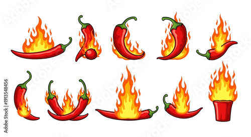 Collection of fiery red chili peppers and flames in various poses and illustrations