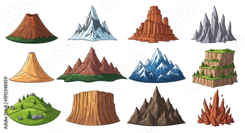 Collection of diverse mountain illustrations from various viewpoints showcasing different geological formations and landscapes in a digital art style