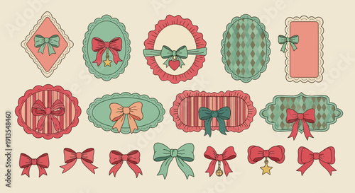 Assorted decorative bows and gift tags in red and green hues arranged in a festive holiday display on a neutral background from a direct viewpoint.