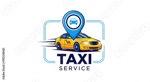 Yellow taxi cab logo design with map pin icon for transportation service