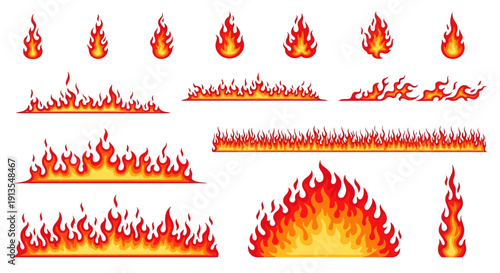 Collection of various flame illustrations in different sizes and styles, showcasing intense heat and energy from various viewpoints
