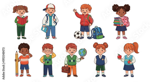 Diverse group of children engaging in various activities and holding different objects, showcasing their unique personalities and interests in a playful illustration.