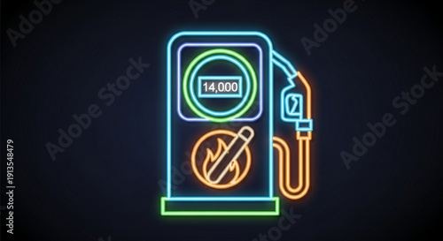 Neon gas pump icon with 14 000 price tag and electric vehicle charging symbol on dark background