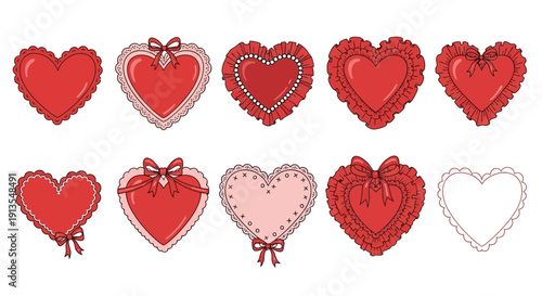 Collection of decorative red hearts with various designs and embellishments displayed together