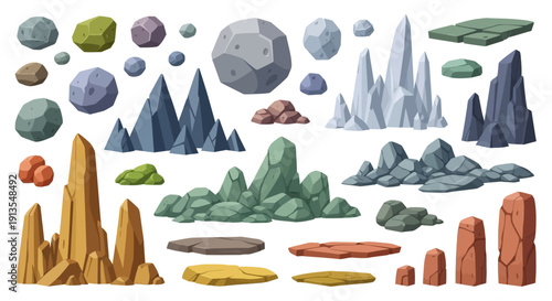 Illustration of various fantasy rocks and mountains from an aerial viewpoint showcasing different shapes and colors in a digital environment