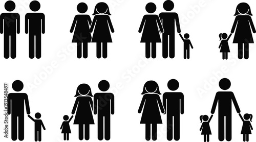 Set of family icons showing various structures including couples, single parents, children, traditional and modern diverse families, silhouette human figures.