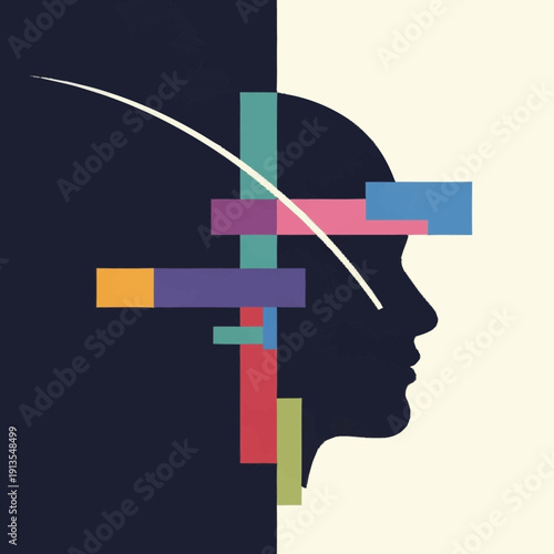 Human Head Silhouette with Colorful Blocks.