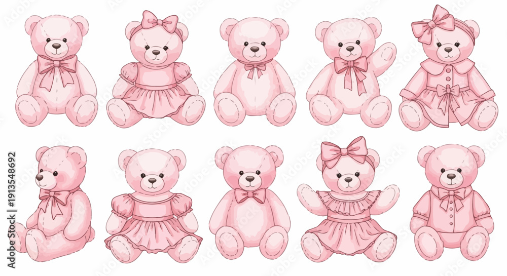 Obraz premium Collection of pink teddy bears in various dresses and bows arranged in a grid pattern