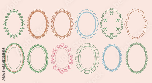 Collection of ornate oval frames displayed on a soft pastel background from a straightforward viewpoint