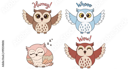 Four cartoon owls expressing different emotions in a playful illustration