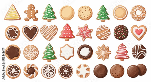 Assorted Christmas cookies with various decorations and designs on a white surface viewed from directly above