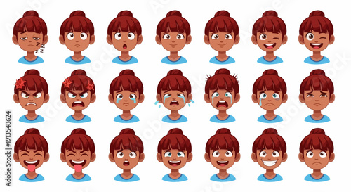 Collection of cartoon character faces displaying various emotional expressions and reactions in a grid-like pattern