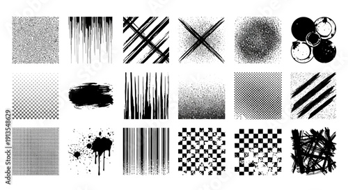 Collection of Grunge Brush Strokes, Textures, and Patterns in Black and White Illustrations