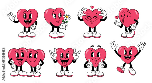Assorted cartoon hearts with various facial expressions and gestures, showcasing diverse emotions and actions in a playful illustration.