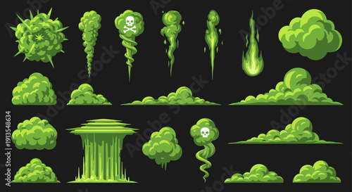 Set of green cloud formations and creatures in various shapes and sizes on a dark background