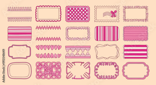 Collection of ornate pink frames and decorative elements on a soft peach background displayed in a grid layout from a straightforward viewpoint