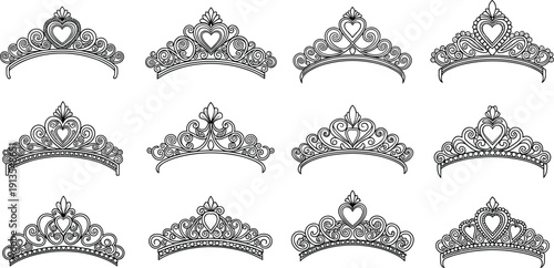 Set of Ornate Princess Tiara Outlines, Royal Crown Icons with Heart Details, Black and White Wedding Diadem Vectors for Jewelry Design.