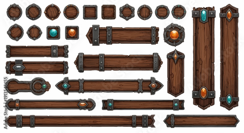 A collection of fantasy wooden elements and magical orbs in a digital illustration style, viewed from directly above in a clean environment