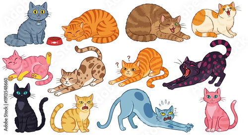 Collection of cartoon cats in various colors and poses, showcasing different breeds and behaviors in a playful illustration.