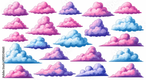 A collection of colorful fluffy clouds arranged in rows on a clean white background viewed from a straightforward angle