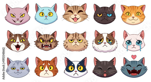 Collection of diverse cat emoticon faces with various expressions