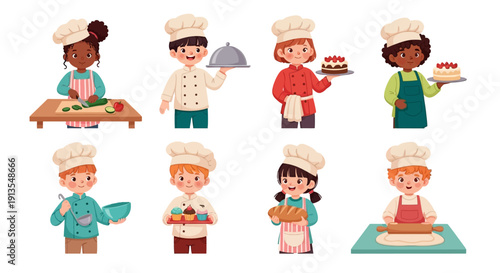 Diverse team of chefs preparing and presenting various sweet treats and desserts in a collaborative kitchen environment from multiple viewpoints
