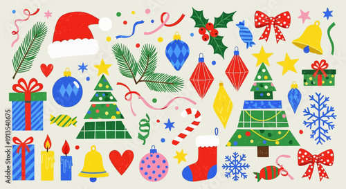 Vibrant Christmas icons and decorations scattered together, showcasing festive trees, gifts, and ornaments in a colorful illustration
