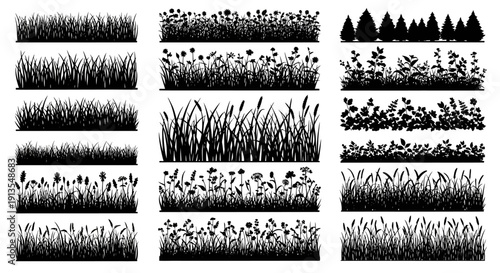 Collection of black and white grass and plant illustrations from various viewpoints