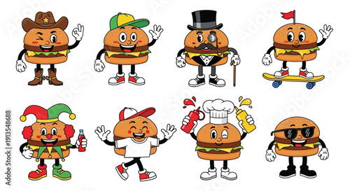 A collection of cartoon burgers in various costumes and actions displayed together in a grid layout on a plain background from a straightforward viewpoint