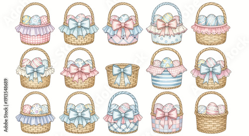 Collection of assorted Easter baskets with decorative eggs and ribbons displayed from a frontal viewpoint
