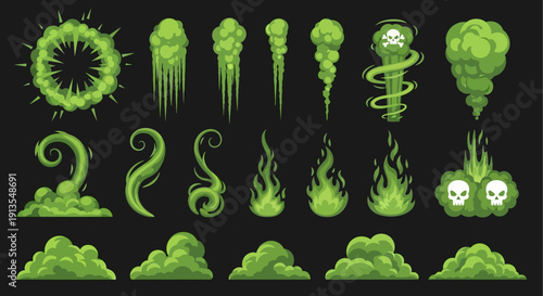 Collection of green abstract shapes and elements including clouds, flames, and tentacles in various forms and designs