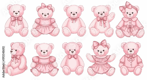 Collection of pink teddy bears in various dresses and bows arranged in a grid pattern