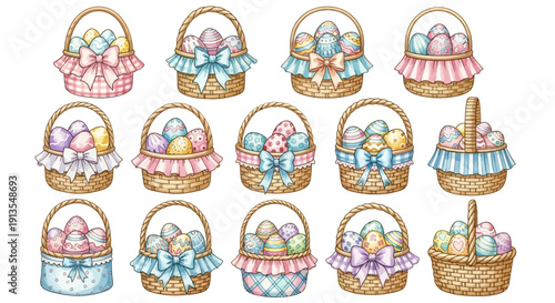 Collection of decorated Easter baskets filled with eggs and ribbons, showcasing various patterns and designs in a festive arrangement