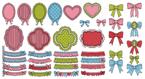 Collection of colorful bows, frames, and ribbons in various patterns and designs