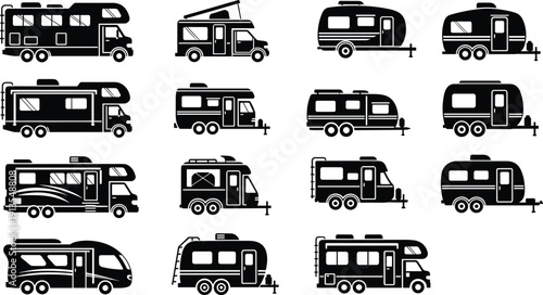 Set of Recreational Vehicle Silhouettes, Camper Vans, Travel Trailers, Motorhomes, and Caravan Icons for Camping, Road Trip, and Outdoor Adventure Design.