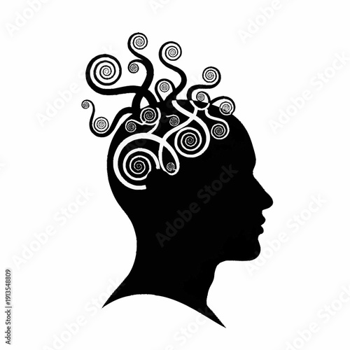 Silhouette of a Human Head with Swirling Thoughts.