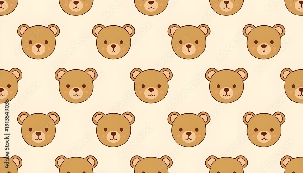 Obraz premium Seamless teddy bear face pattern, cute cartoon style, pastel beige background.