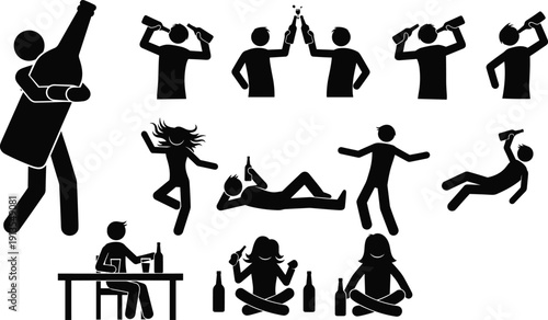 Stick figure icon set featuring people drinking beer from bottles, toasting, dancing at parties, and celebrating social nightlife event gatherings