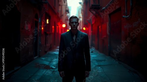 Mysterious man in cinematic neon alley at night  
