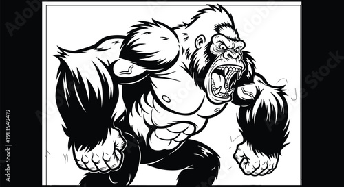 Aggressive silverback gorilla illustration in black and white line art, angry ape mascot sketch, wildlife primate vector, isolated jungle animal.