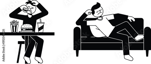 Vector illustration of man eating fast food burger and person lying on sofa, concept of sedentary lifestyle and unhealthy habits.