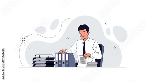 Businessman working at desk with documents and binders, flat design illustration
