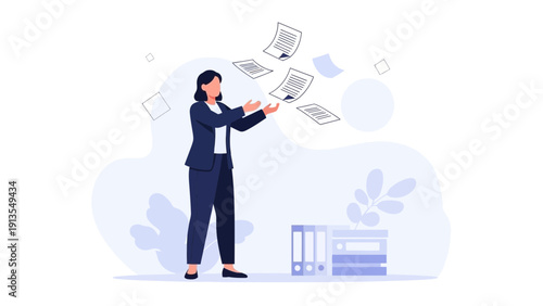 Businesswoman Juggling Documents, Paperwork Chaos, Office Organization Concept